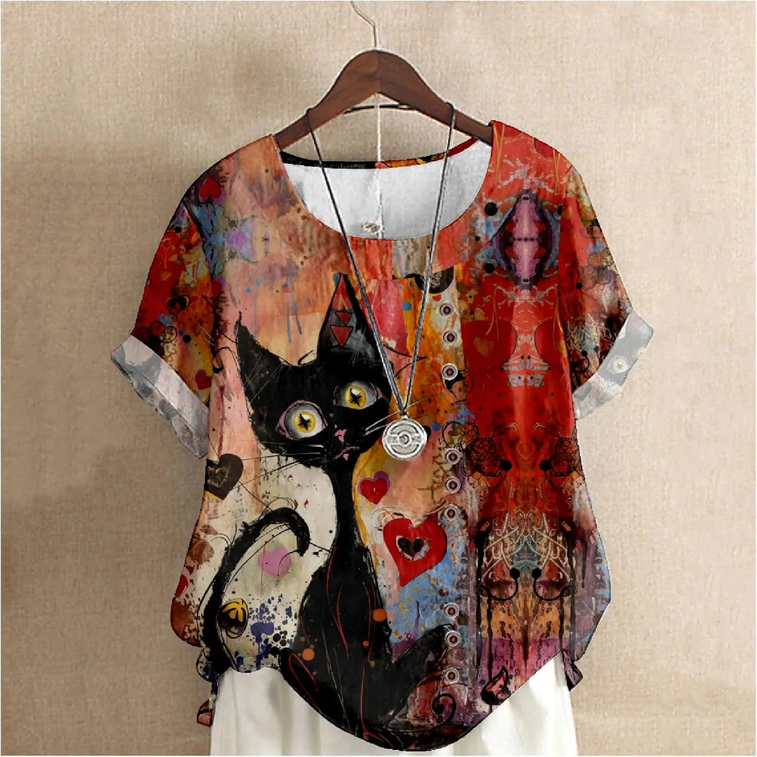 Womens Boho Floral Linen Shirts Casual Summer Short Sleeve Crewneck Button Blouses Loose Fit Graphic Tunic Tops