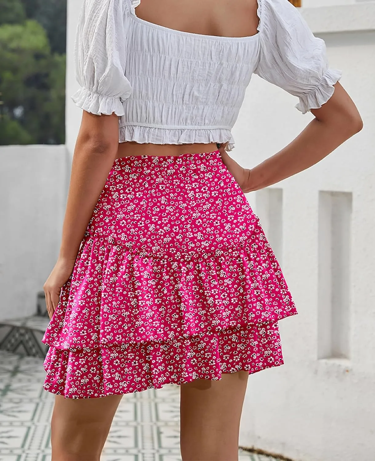 Women's Boho Ruffle Mini Skirt Summer Print Floral Tiered Short Skirt Casual High Waist Flowy Pleated Skirt