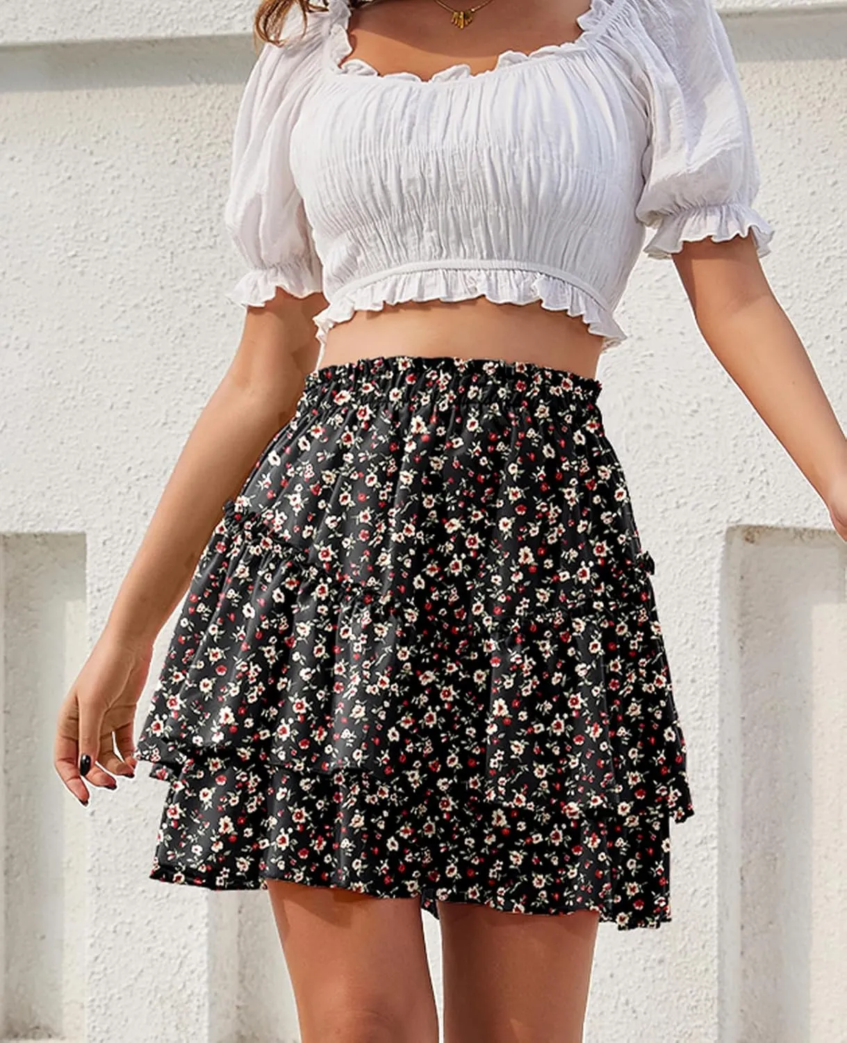 Women's Boho Ruffle Mini Skirt Summer Print Floral Tiered Short Skirt Casual High Waist Flowy Pleated Skirt