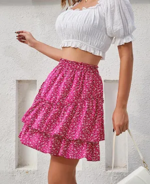 Women's Boho Ruffle Mini Skirt Summer Print Floral Tiered Short Skirt Casual High Waist Flowy Pleated Skirt