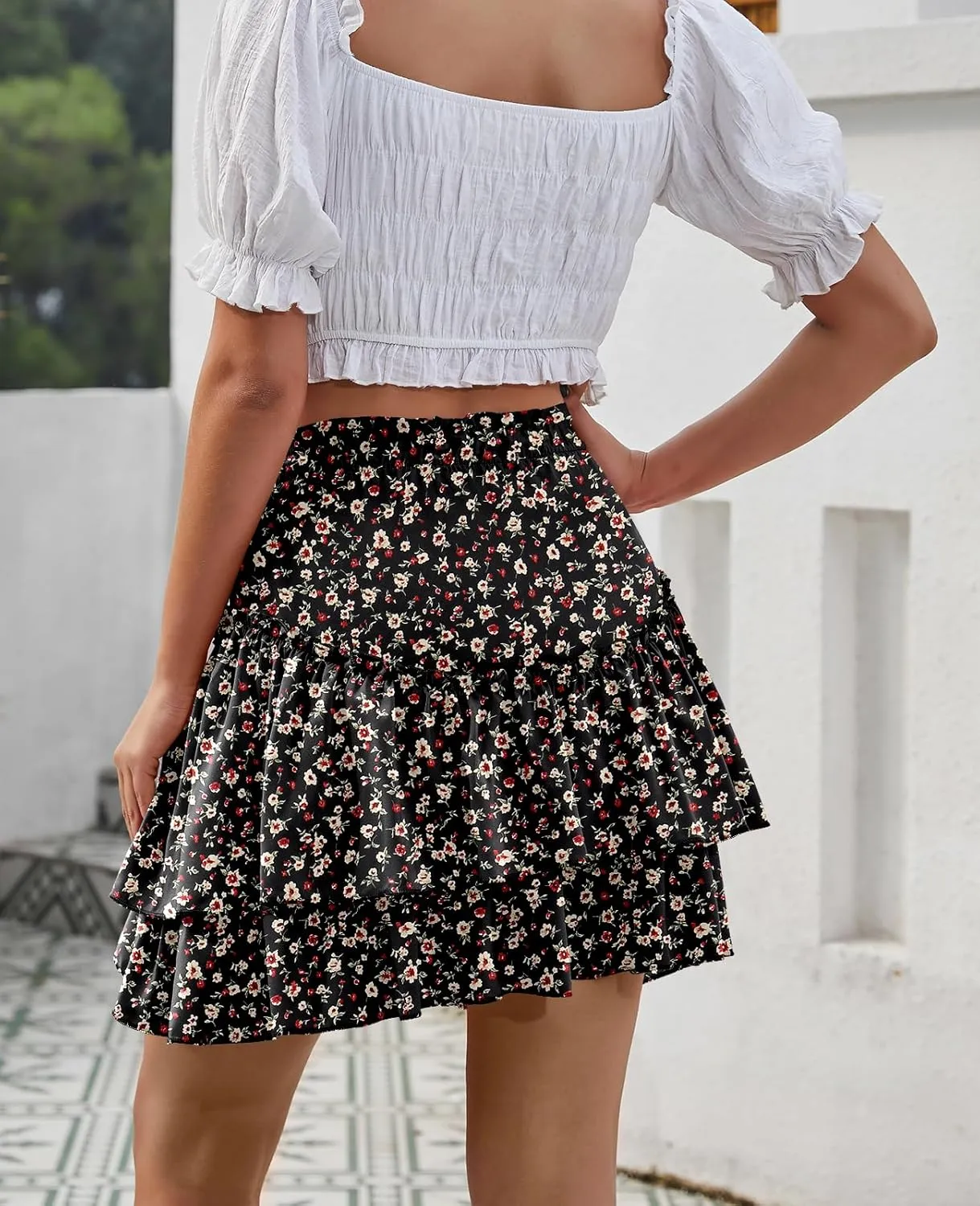 Women's Boho Ruffle Mini Skirt Summer Print Floral Tiered Short Skirt Casual High Waist Flowy Pleated Skirt
