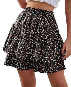 Women's Boho Ruffle Mini Skirt Summer Print Floral Tiered Short Skirt Casual High Waist Flowy Pleated Skirt