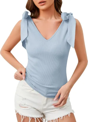 Women's Bow Tie Shoulder Strap Knit Tank Tops V Neck Slim Fit Casual Tie Strap Sleeveless Knit Tops Camisoles