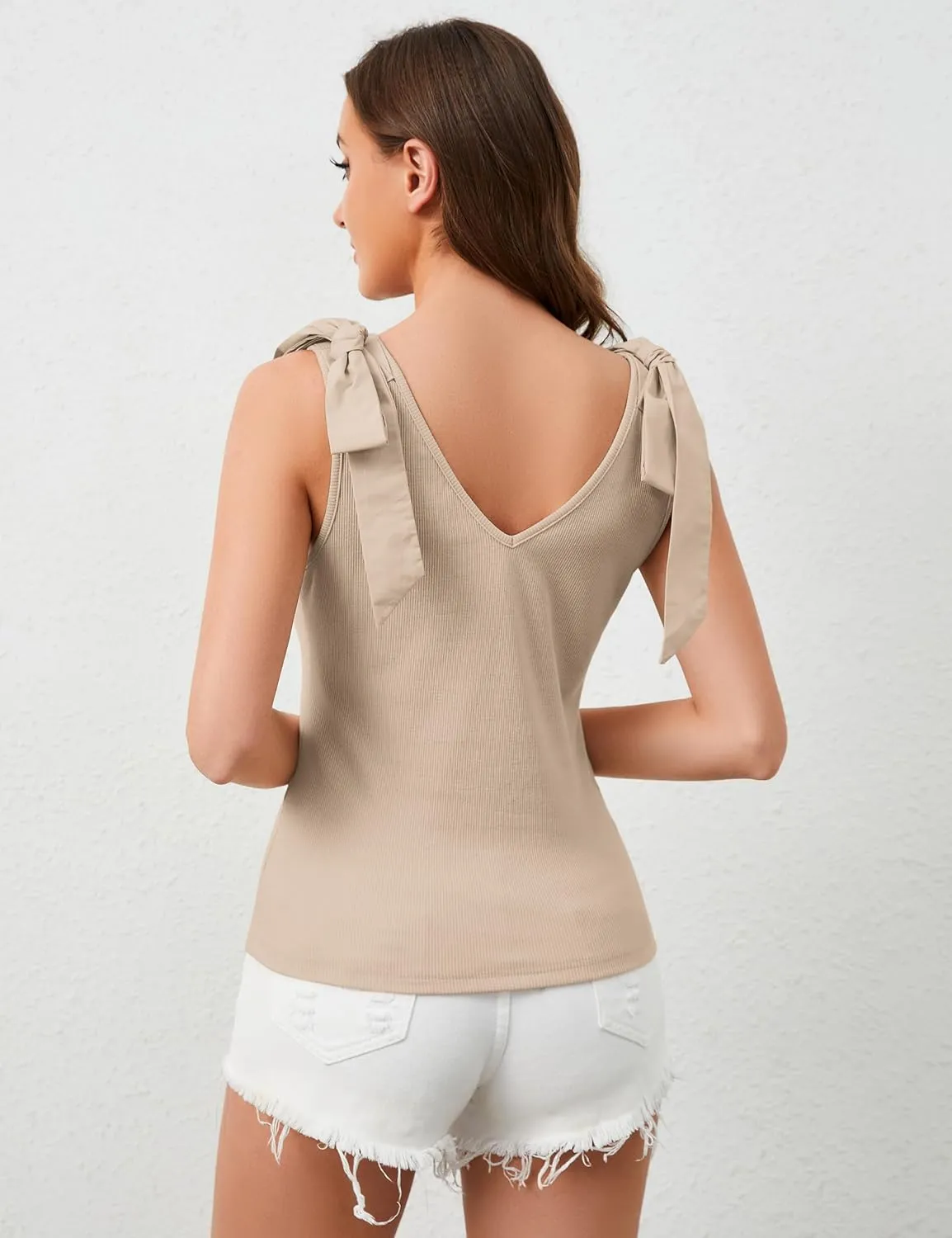 Women's Bow Tie Shoulder Strap Knit Tank Tops V Neck Slim Fit Casual Tie Strap Sleeveless Knit Tops Camisoles