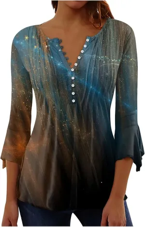 Women's Button Up Shirt Floral Print Top Summer Casual 3/4 Sleeve V Neck Blouse Women's Athletic Shirts