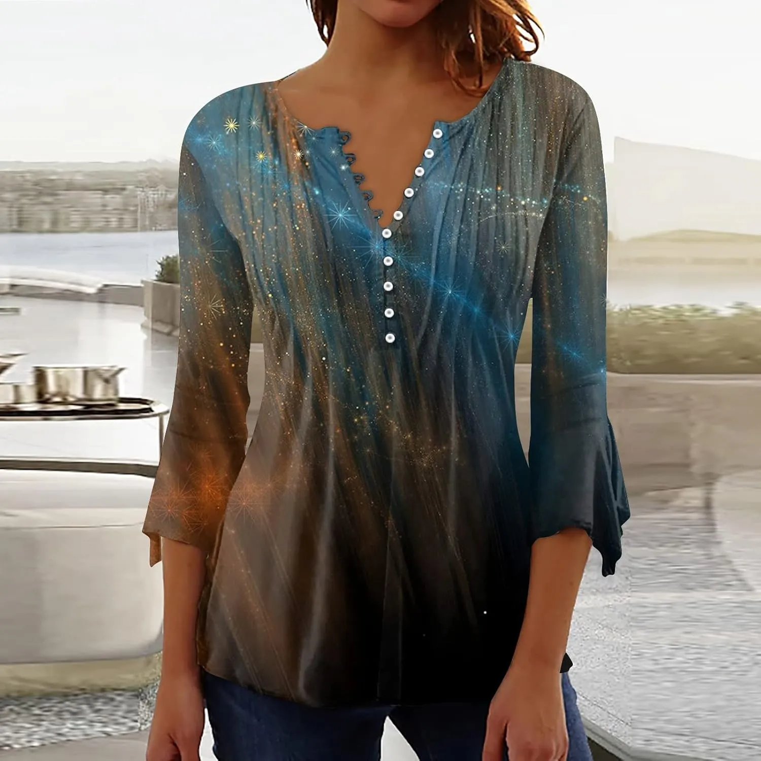 Women's Button Up Shirt Floral Print Top Summer Casual 3/4 Sleeve V Neck Blouse Women's Athletic Shirts