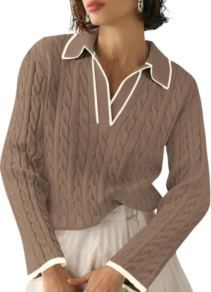 Women's Cable Long Sleeve Sweaters Tops Lapel Polo V Neck Knit Casual Soft Pullover Shirt
