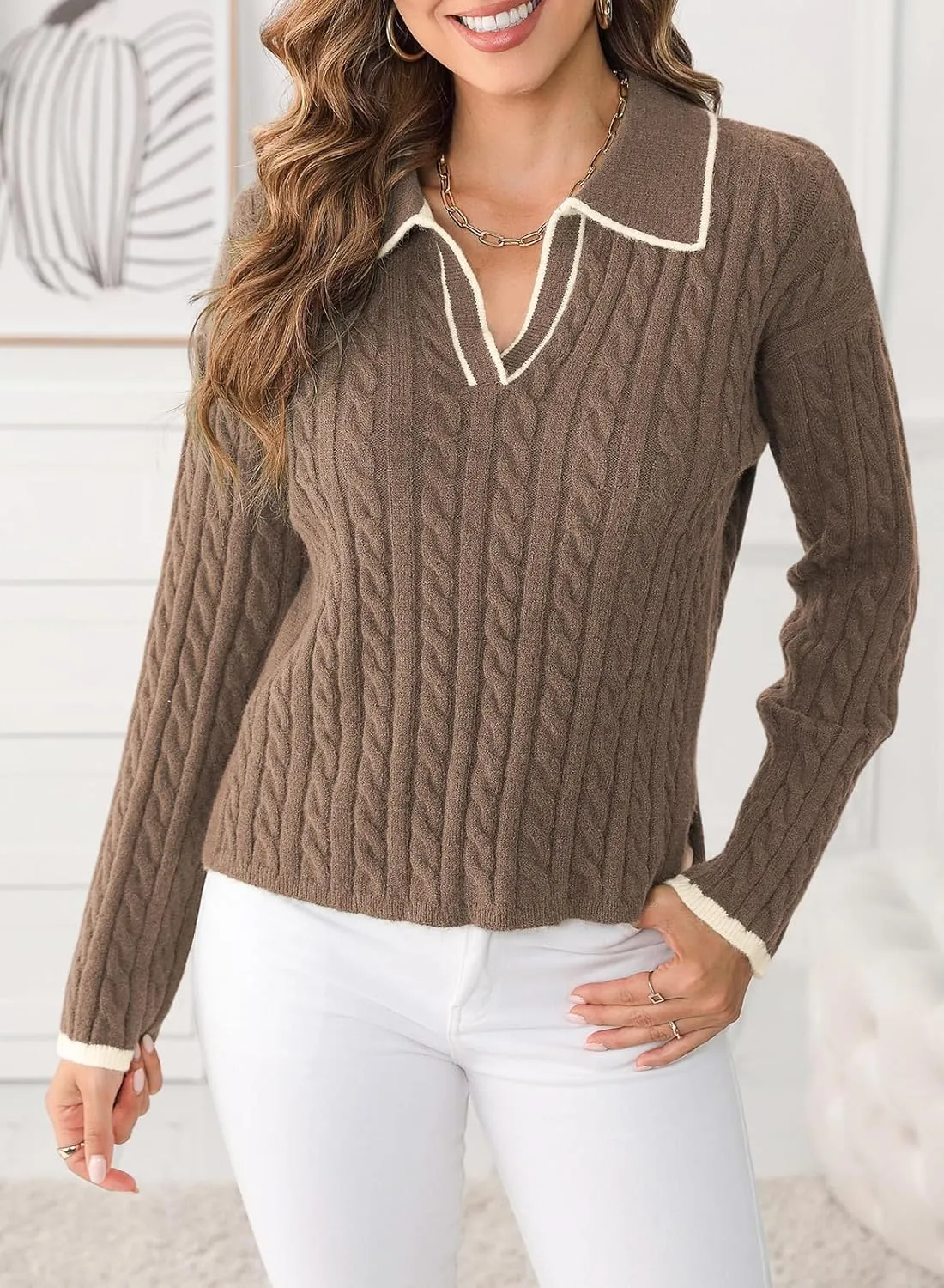 Women's Cable Long Sleeve Sweaters Tops Lapel Polo V Neck Knit Casual Soft Pullover Shirt