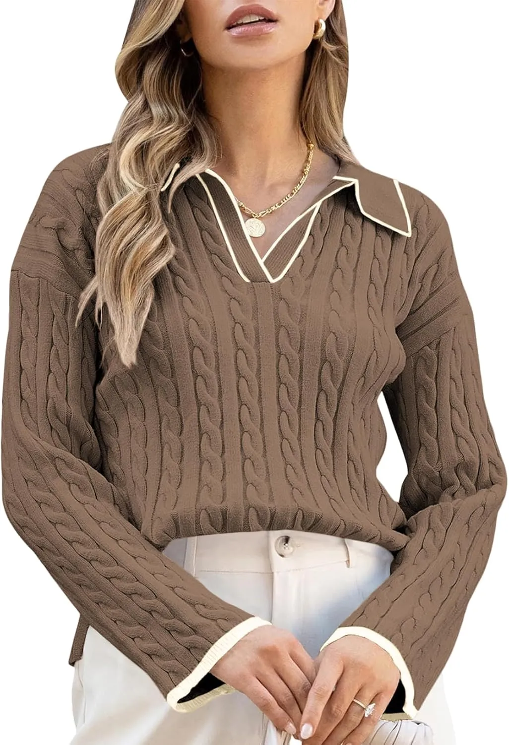 Women's Cable Long Sleeve Sweaters Tops Lapel Polo V Neck Knit Casual Soft Pullover Shirt