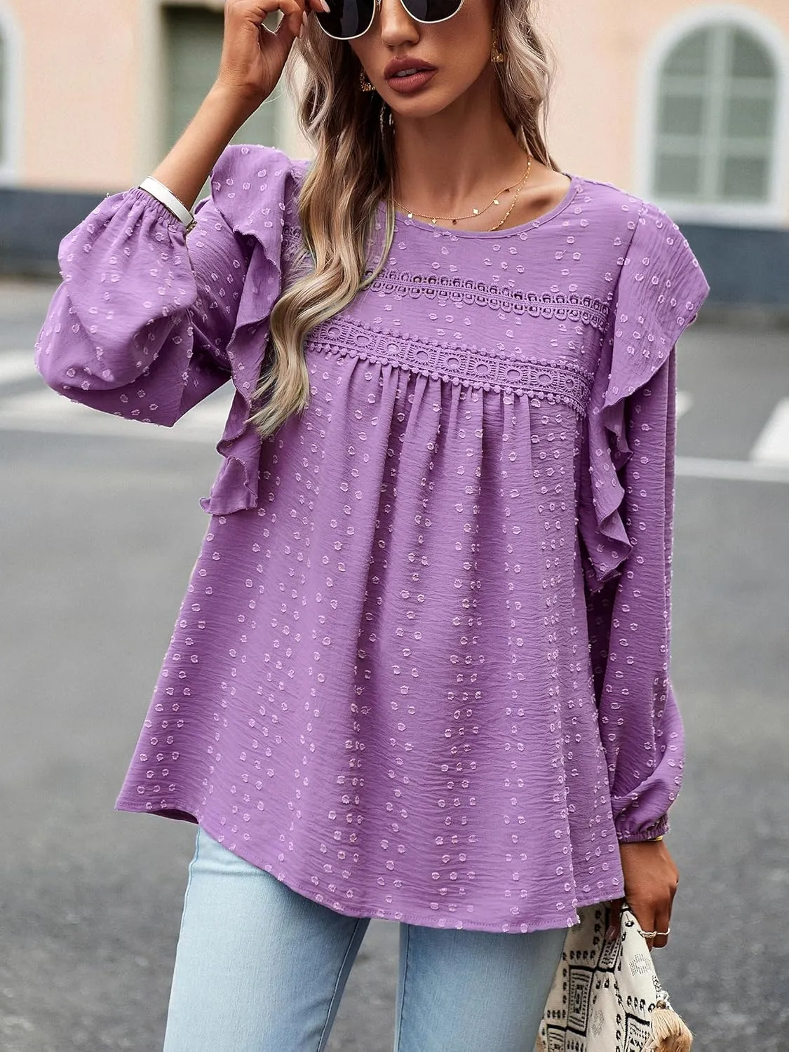 Women's Casual Tops Crewneck Lace Crochet Flowy Ruffle Shoulder Long Sleeve Blouses Shirts