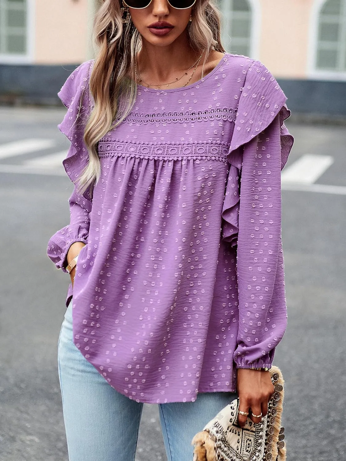 Women's Casual Tops Crewneck Lace Crochet Flowy Ruffle Shoulder Long Sleeve Blouses Shirts
