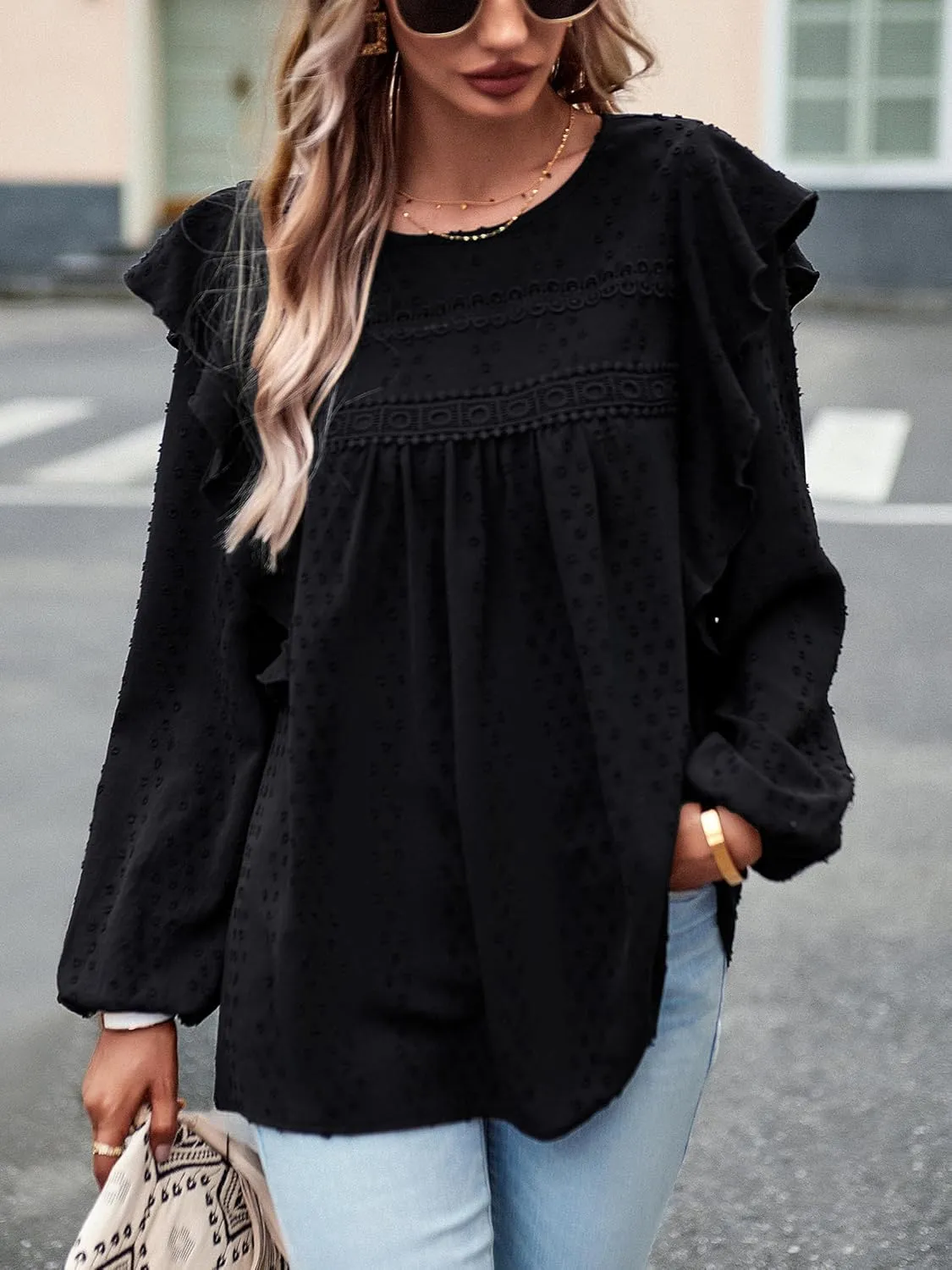 Women's Casual Tops Crewneck Lace Crochet Flowy Ruffle Shoulder Long Sleeve Blouses Shirts