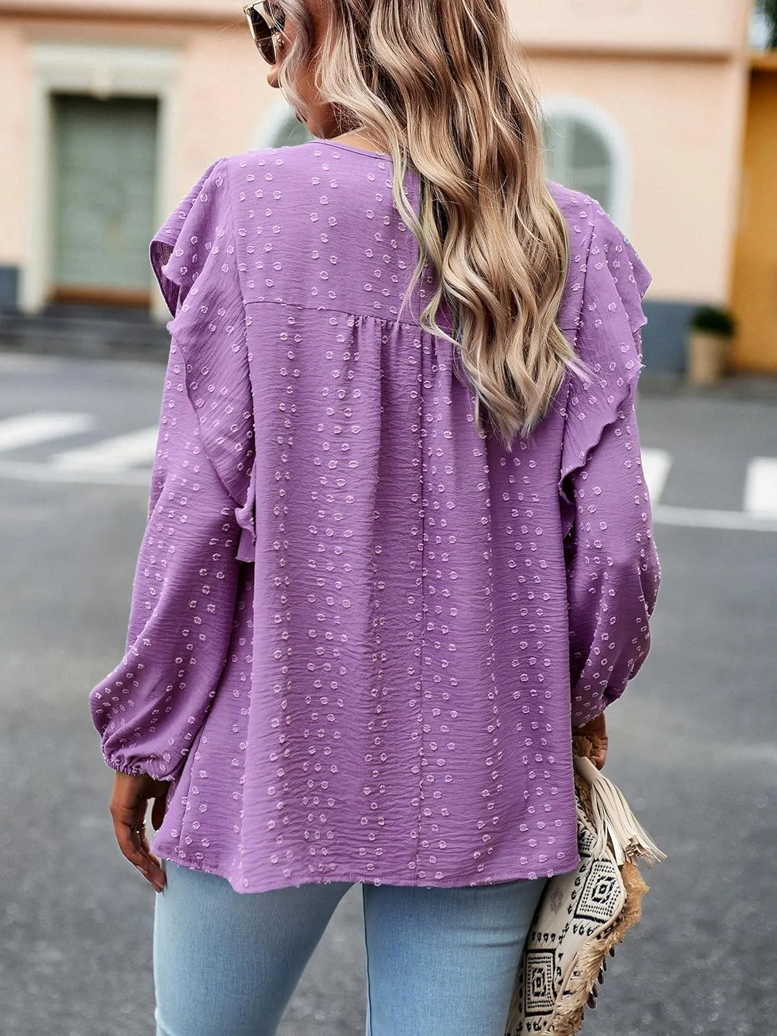 Women's Casual Tops Crewneck Lace Crochet Flowy Ruffle Shoulder Long Sleeve Blouses Shirts