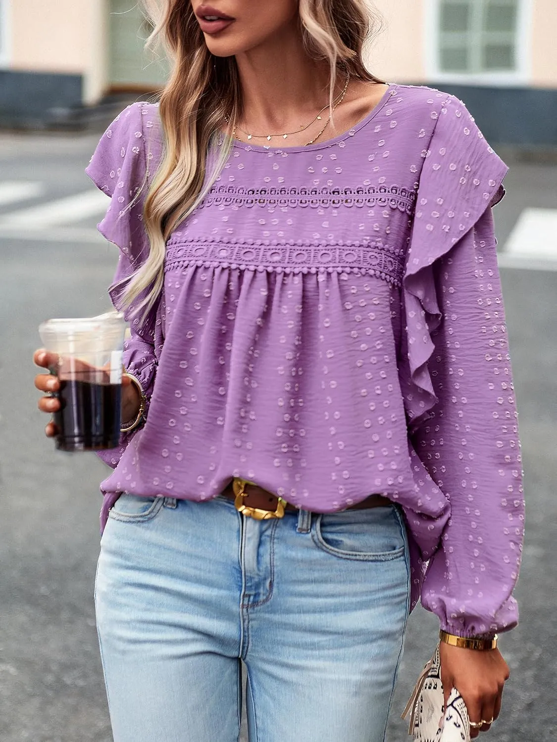 Women's Casual Tops Crewneck Lace Crochet Flowy Ruffle Shoulder Long Sleeve Blouses Shirts