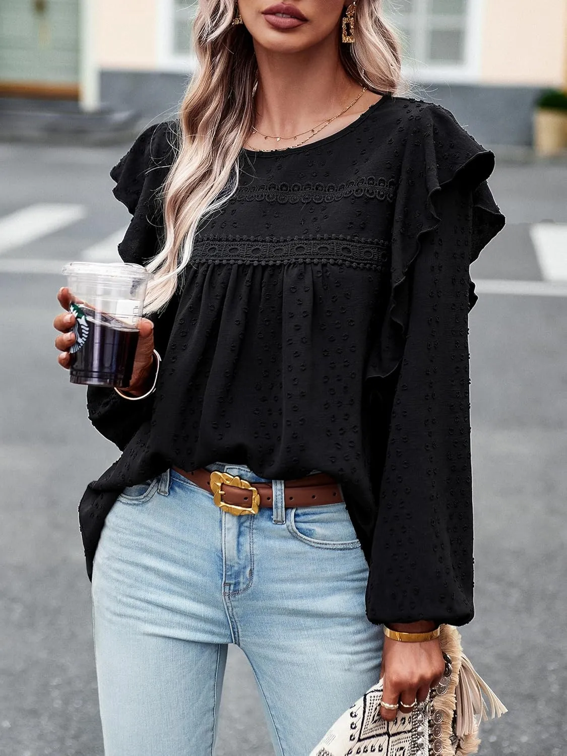Women's Casual Tops Crewneck Lace Crochet Flowy Ruffle Shoulder Long Sleeve Blouses Shirts