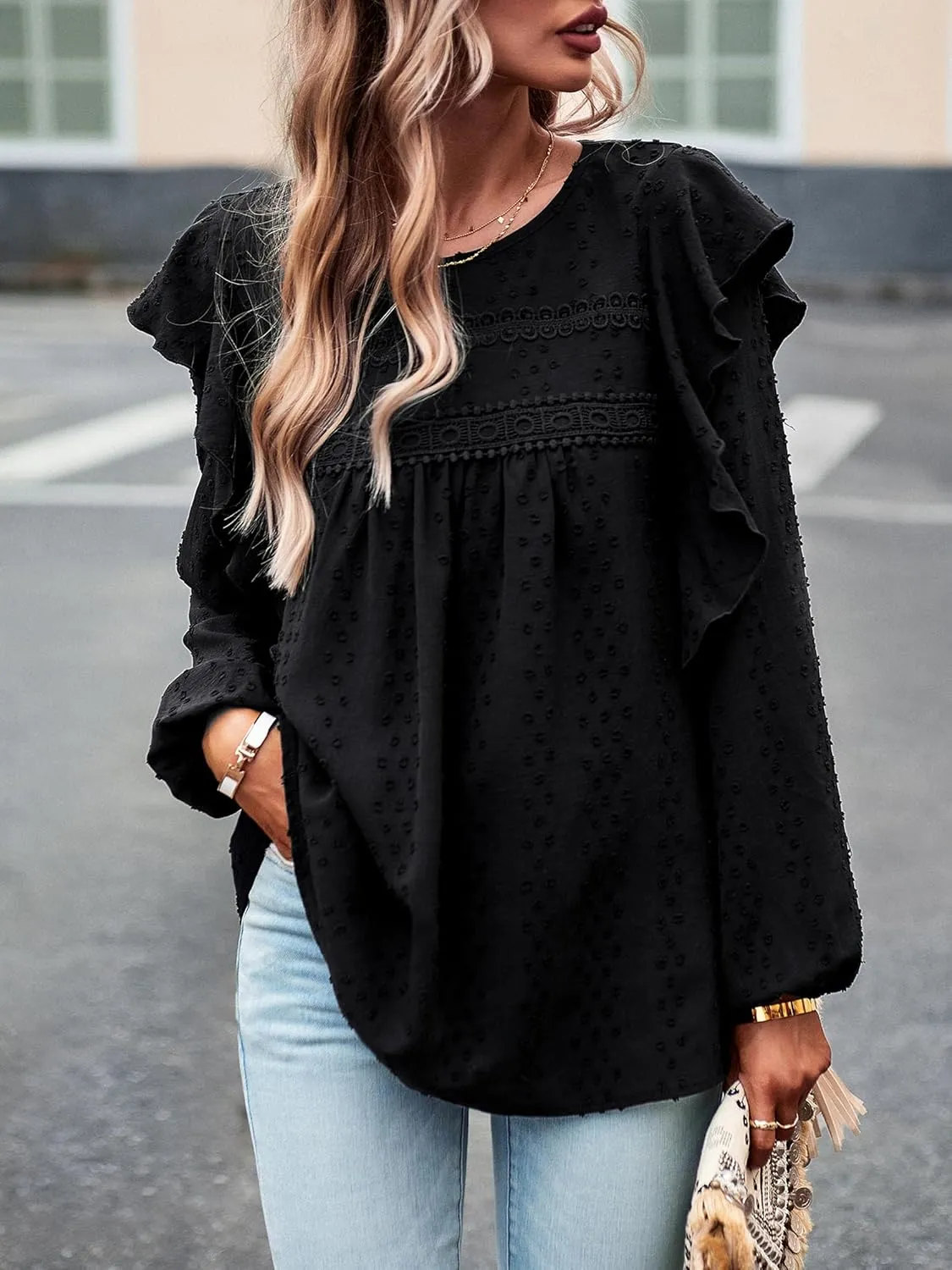 Women's Casual Tops Crewneck Lace Crochet Flowy Ruffle Shoulder Long Sleeve Blouses Shirts