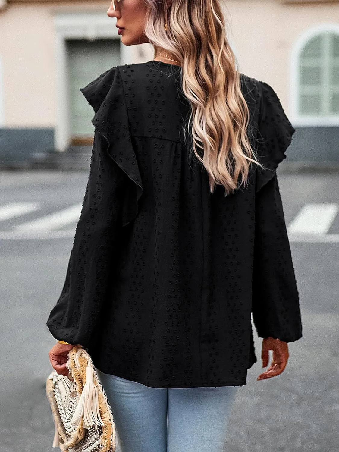 Women's Casual Tops Crewneck Lace Crochet Flowy Ruffle Shoulder Long Sleeve Blouses Shirts
