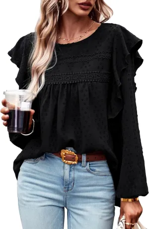 Women's Casual Tops Crewneck Lace Crochet Flowy Ruffle Shoulder Long Sleeve Blouses Shirts