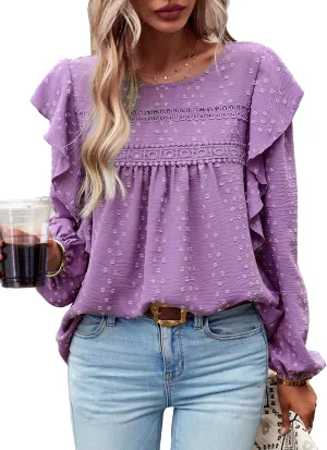 Women's Casual Tops Crewneck Lace Crochet Flowy Ruffle Shoulder Long Sleeve Blouses Shirts