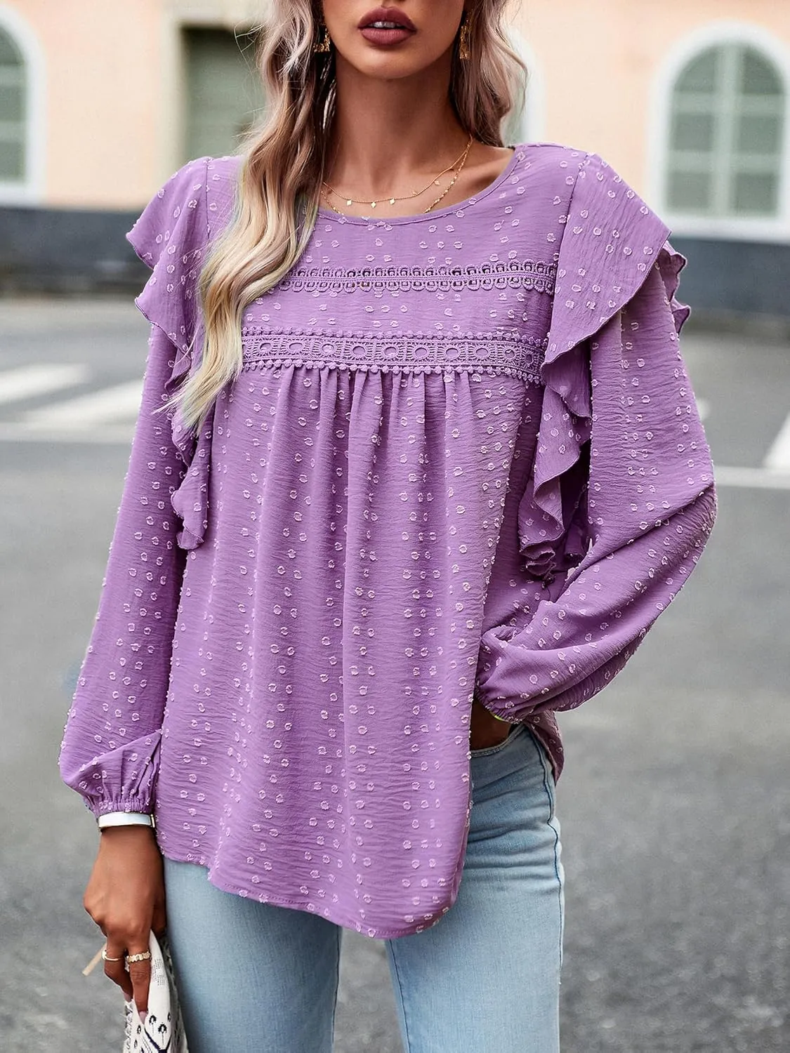 Women's Casual Tops Crewneck Lace Crochet Flowy Ruffle Shoulder Long Sleeve Blouses Shirts