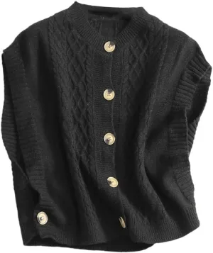 Women's Chunky Cable Knit Sweater Vest Button Down V-Neck Sleeveless Crop Knit Top
