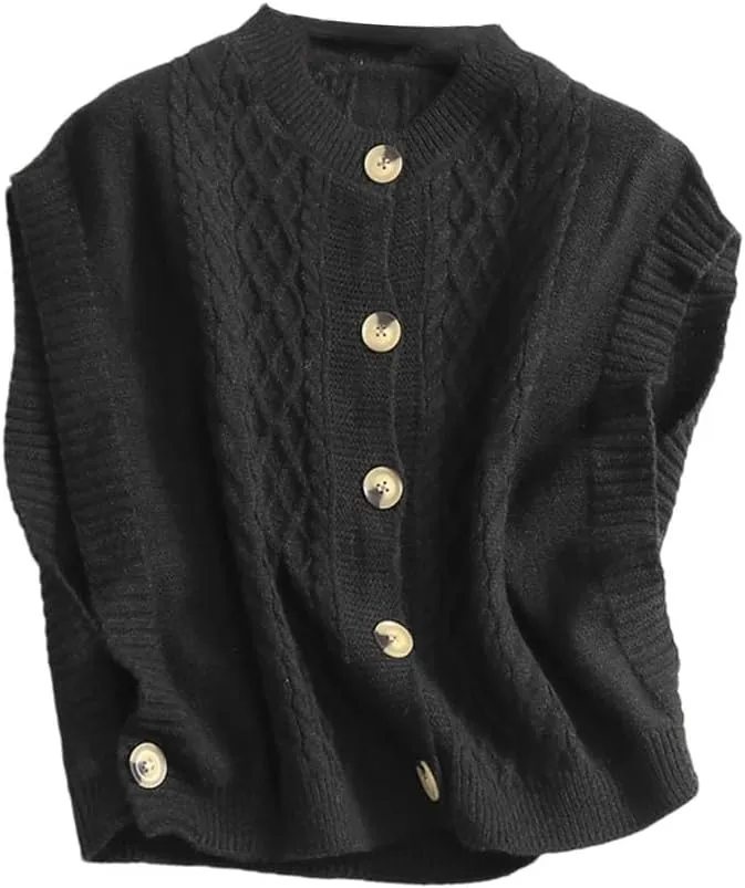 Women's Chunky Cable Knit Sweater Vest Button Down V-Neck Sleeveless Crop Knit Top