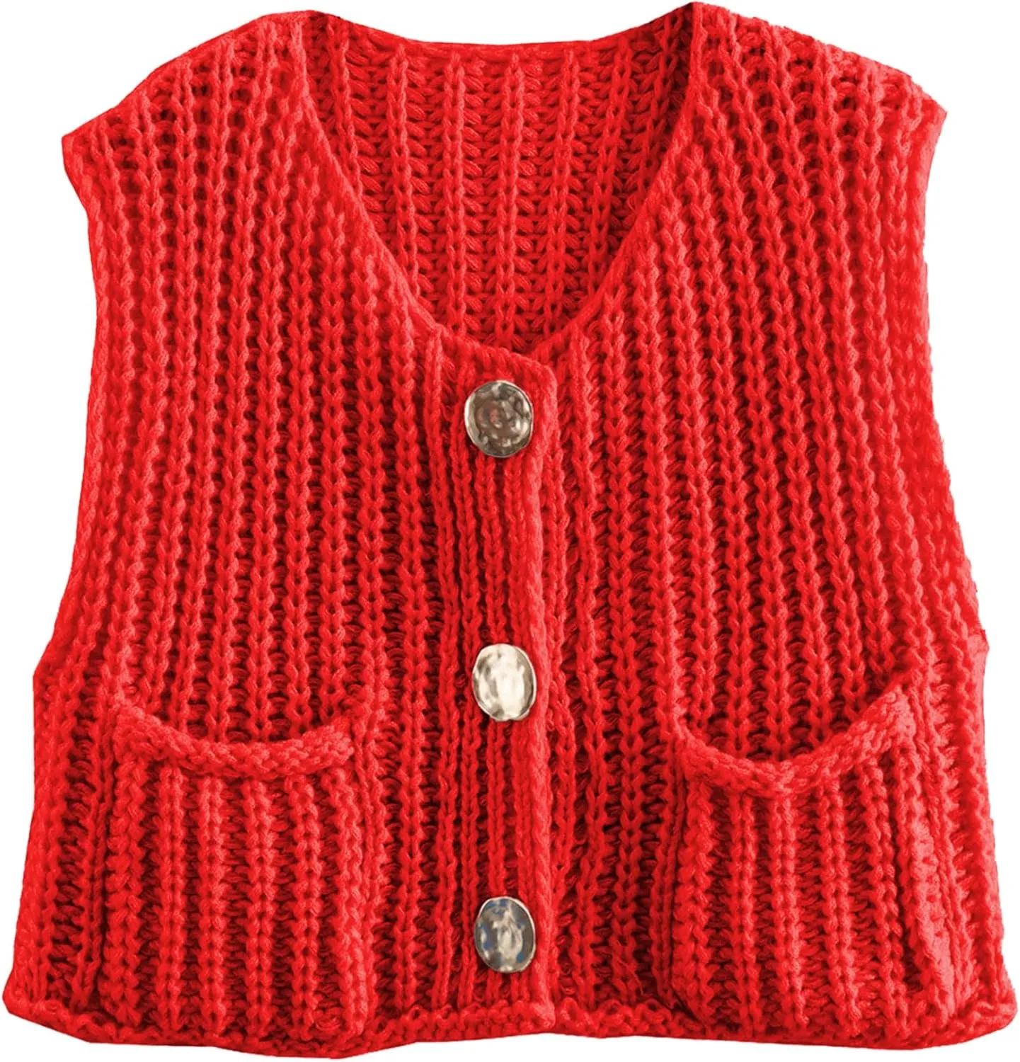 Women's Chunky Cropped Sweater Vest Sleeveless Button Down Trendy Cardigan Knit Crop Tops with Pockets