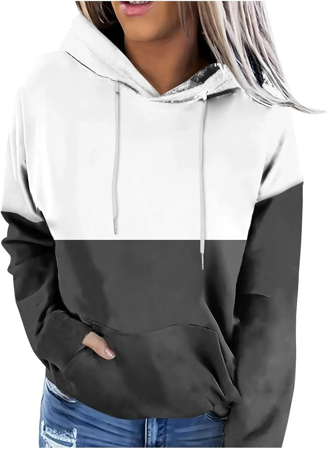Women's Color Block Hoodie Sweatshirt Casual Long Sleeve Drawstring Jacket Sweater with Pockets Loose Fit Fall Coat