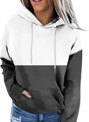 Women's Color Block Hoodie Sweatshirt Casual Long Sleeve Drawstring Jacket Sweater with Pockets Loose Fit Fall Coat