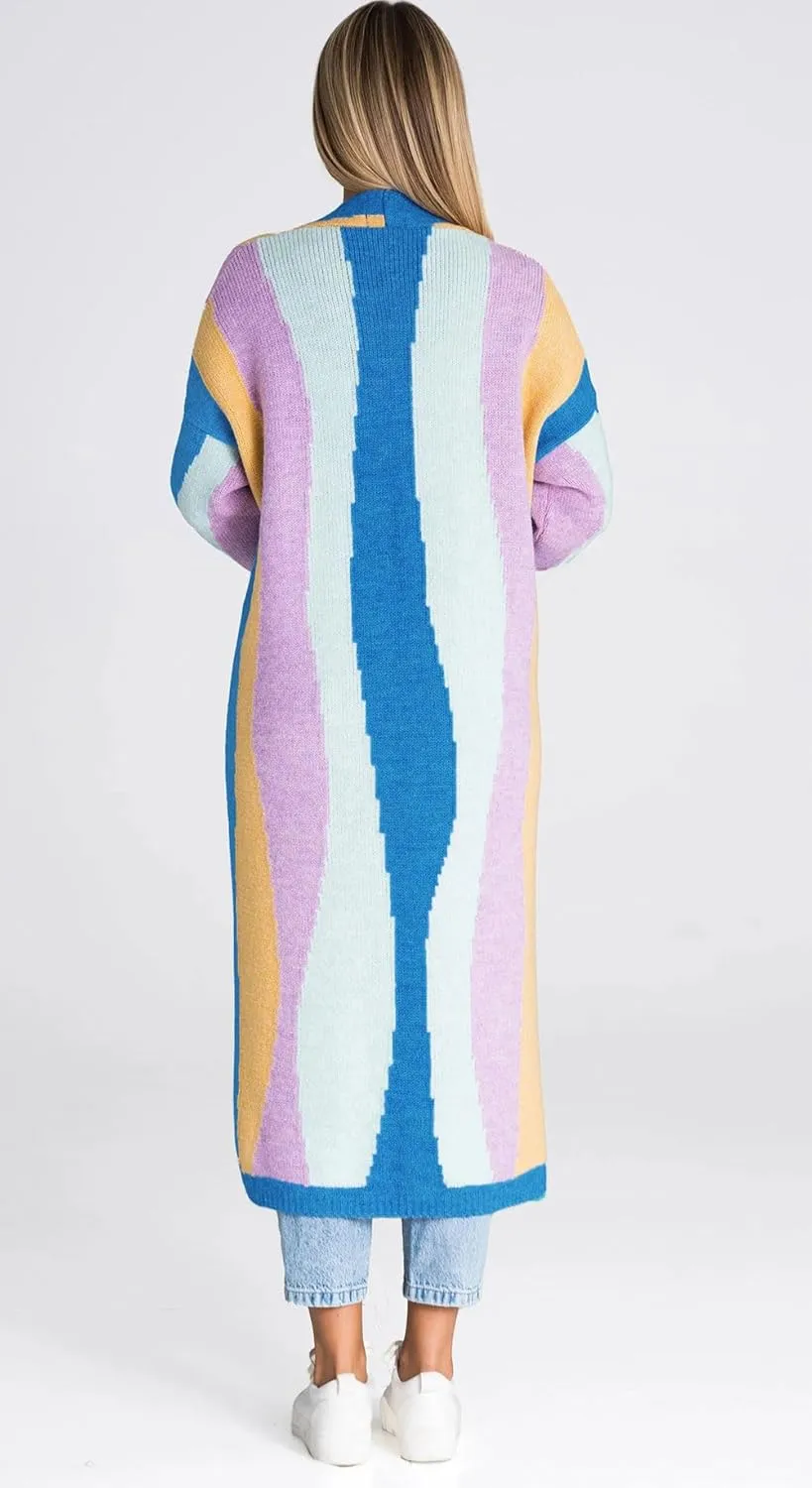 Women's Color Block Vertical Striped Cardigan Sweater Loose Fit Chunky Knit Long Coatigan Coat