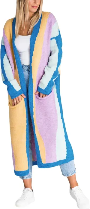 Women's Color Block Vertical Striped Cardigan Sweater Loose Fit Chunky Knit Long Coatigan Coat