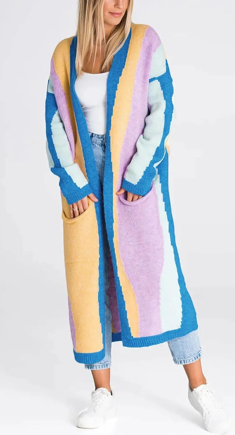 Women's Color Block Vertical Striped Cardigan Sweater Loose Fit Chunky Knit Long Coatigan Coat