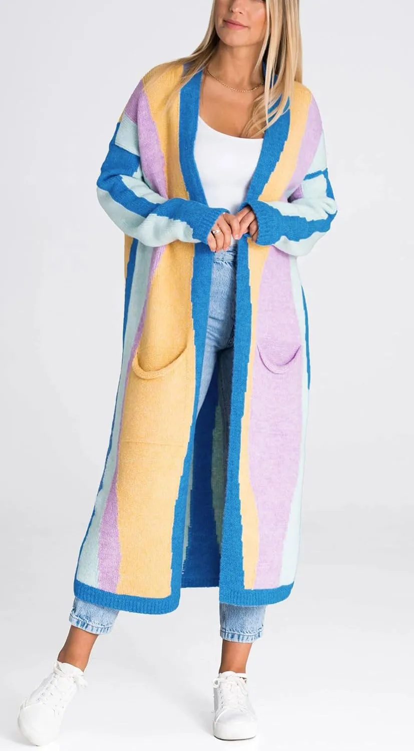Women's Color Block Vertical Striped Cardigan Sweater Loose Fit Chunky Knit Long Coatigan Coat