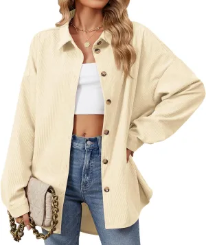 Womens Corduroy Button Down Shirts Solid Color Long Sleeve Blouses Tops Jackets Casual Vacation Work Jacket Coats