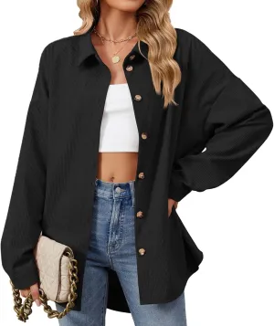 Womens Corduroy Button Down Shirts Solid Color Long Sleeve Blouses Tops Jackets Casual Vacation Work Jacket Coats