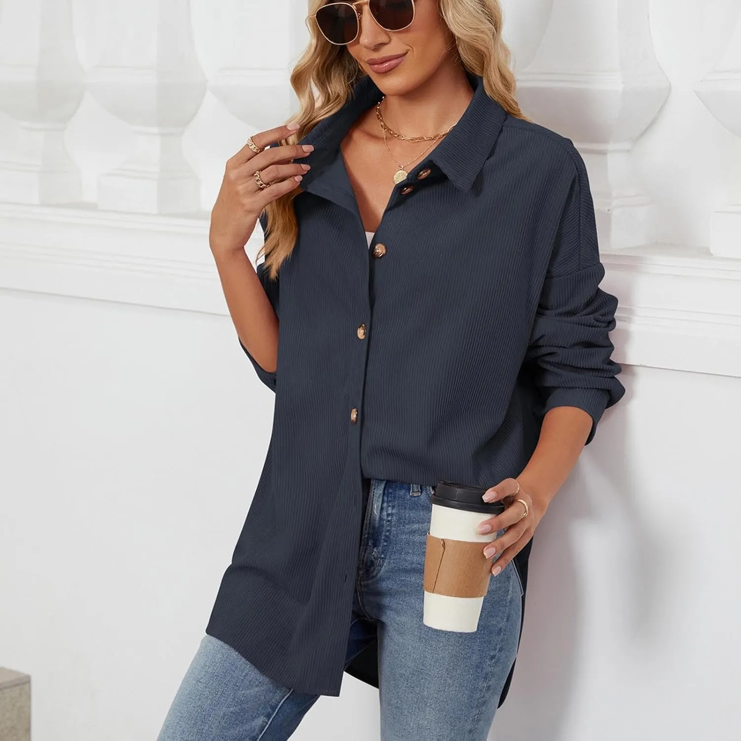 Women's Corduroy Shirt Long Sleeve Button Down Shacket Jacket Casual Oversized Top Trendy Versatile Fall Coats 2024