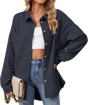 Women's Corduroy Shirt Long Sleeve Button Down Shacket Jacket Casual Oversized Top Trendy Versatile Fall Coats 2024