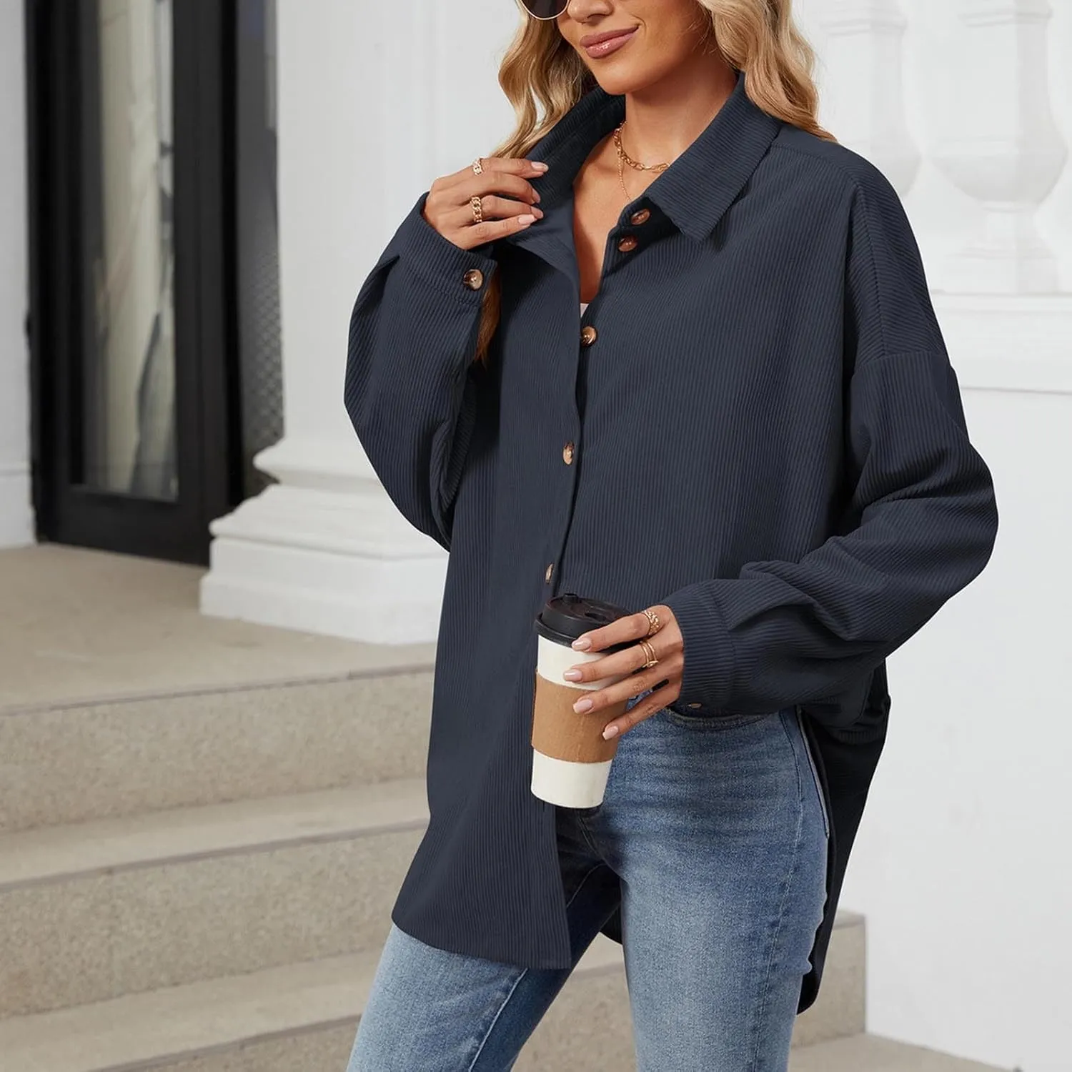 Women's Corduroy Shirt Long Sleeve Button Down Shacket Jacket Casual Oversized Top Trendy Versatile Fall Coats 2024