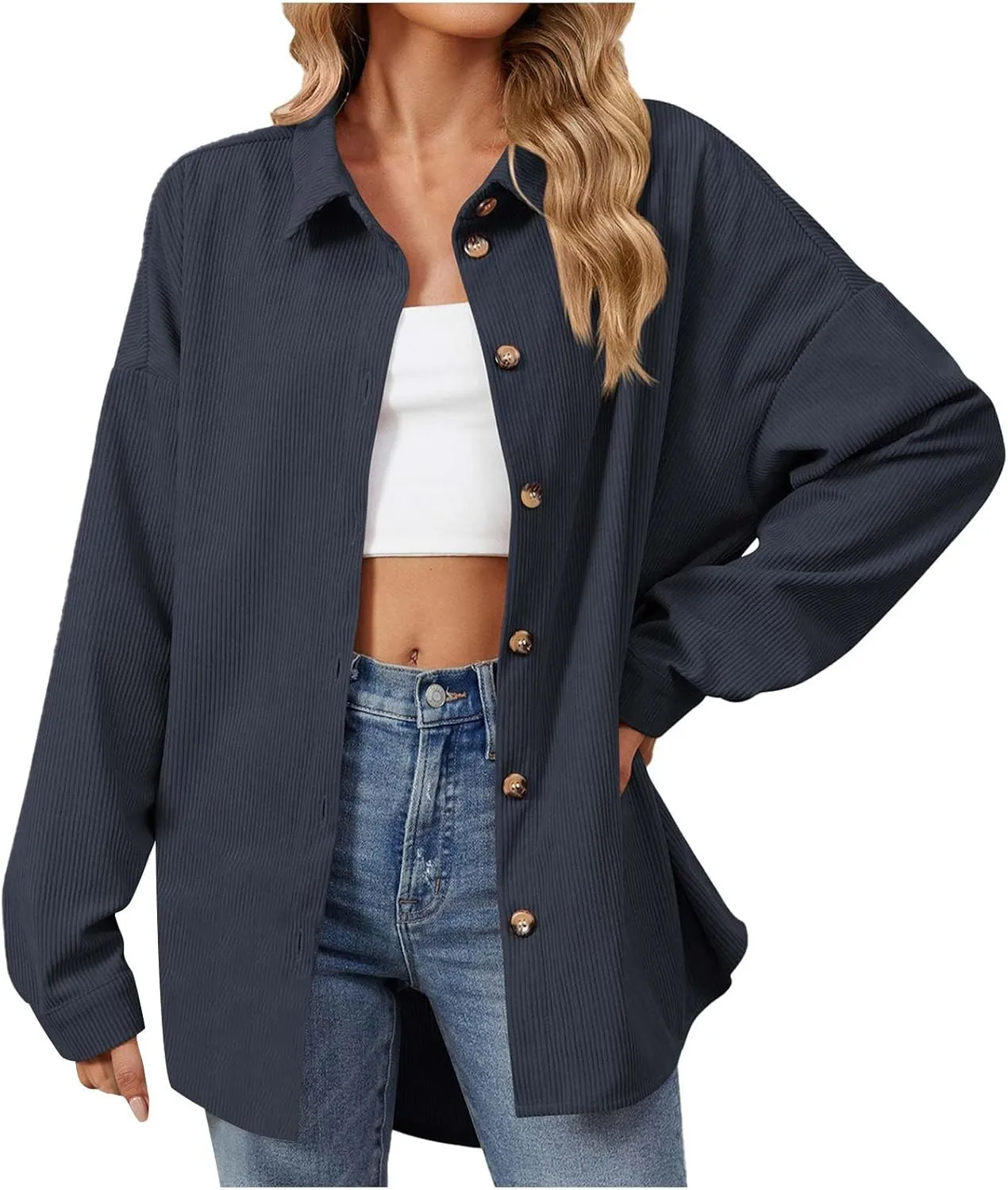 Women's Corduroy Shirt Long Sleeve Button Down Shacket Jacket Casual Oversized Top Trendy Versatile Fall Coats 2024