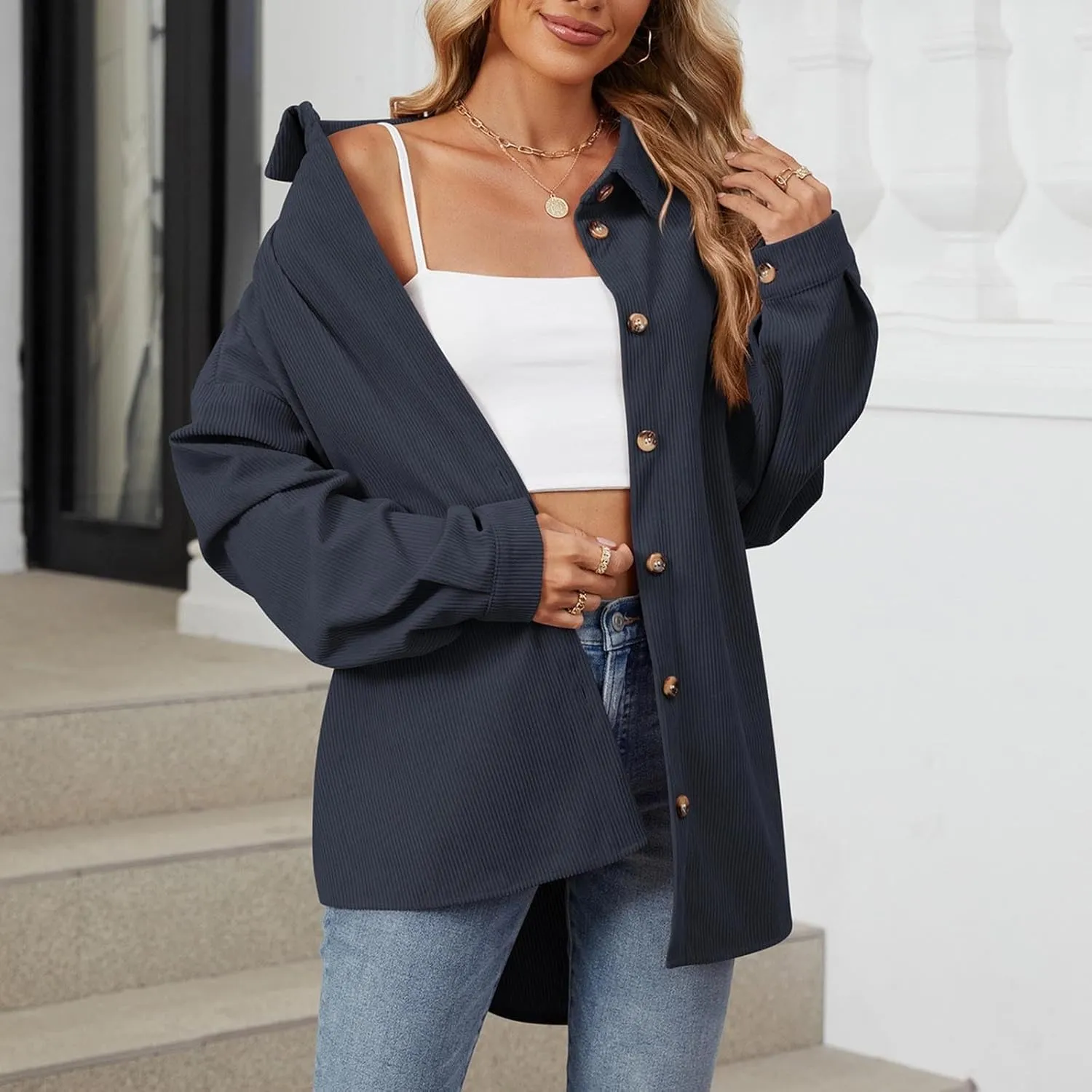 Women's Corduroy Shirt Long Sleeve Button Down Shacket Jacket Casual Oversized Top Trendy Versatile Fall Coats 2024