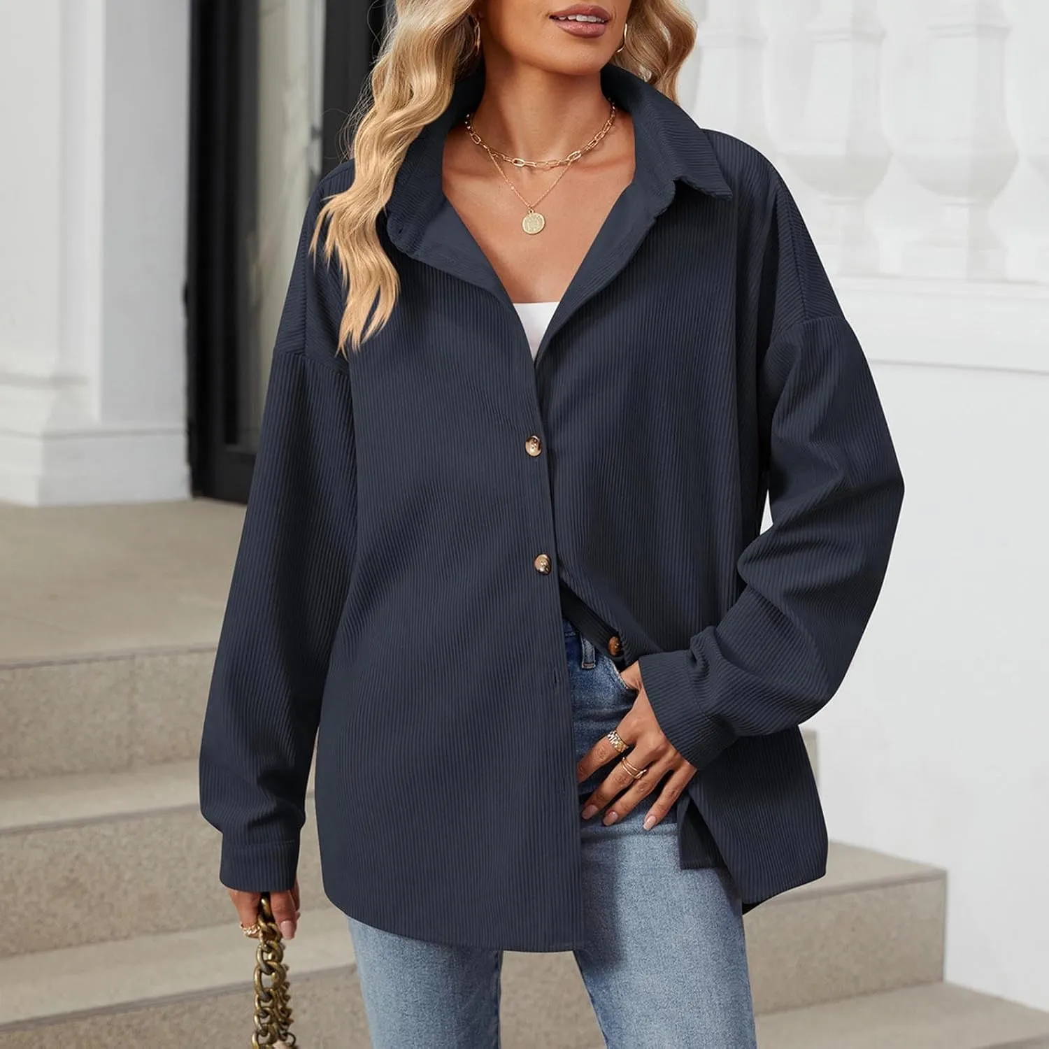 Women's Corduroy Shirt Long Sleeve Button Down Shacket Jacket Casual Oversized Top Trendy Versatile Fall Coats 2024
