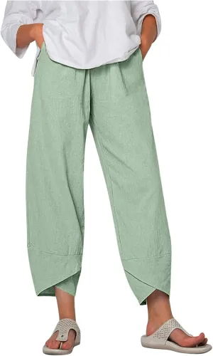 Women's Cotton Linen Casual Pants Summer Elastic High Waist Palazzo Trousers Loose Comfy Beach Trousers Sweatpants
