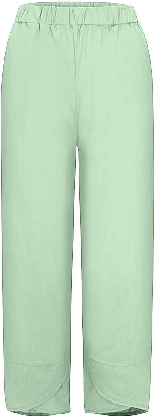 Women's Cotton Linen Casual Pants Summer Elastic High Waist Palazzo Trousers Loose Comfy Beach Trousers Sweatpants