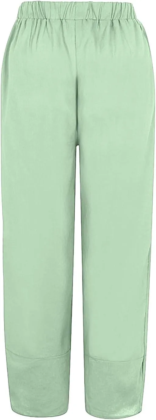 Women's Cotton Linen Casual Pants Summer Elastic High Waist Palazzo Trousers Loose Comfy Beach Trousers Sweatpants
