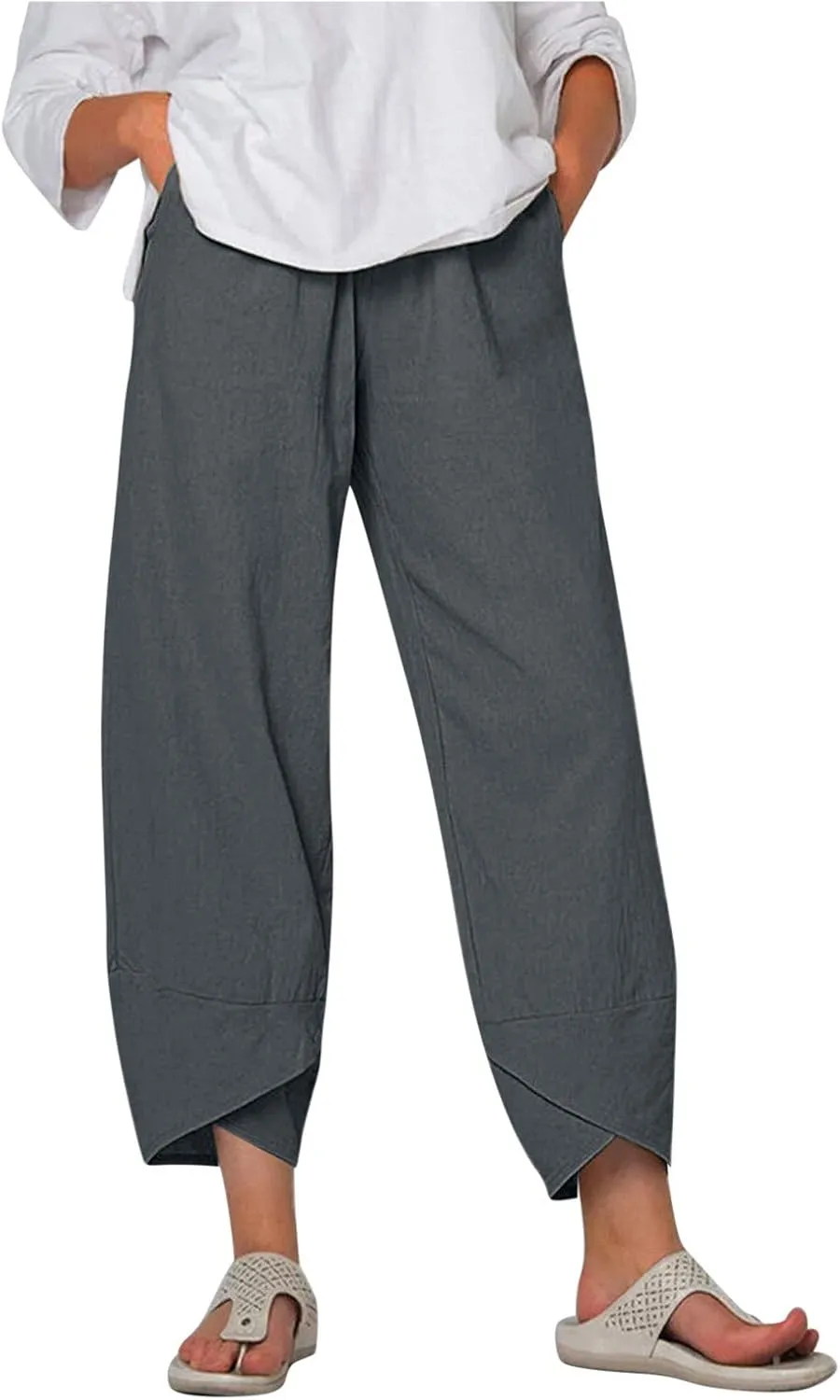 Women's Cotton Linen Casual Pants Summer Elastic High Waist Palazzo Trousers Loose Comfy Beach Trousers Sweatpants