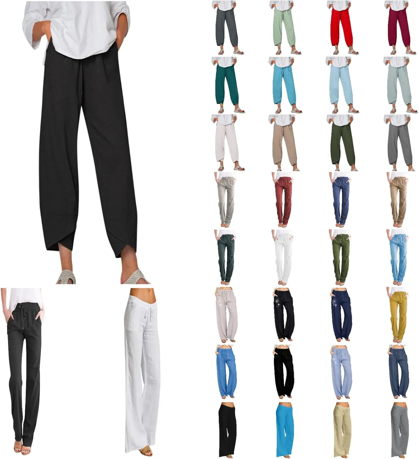 Women's Cotton Linen Casual Pants Summer Elastic High Waist Palazzo Trousers Loose Comfy Beach Trousers Sweatpants