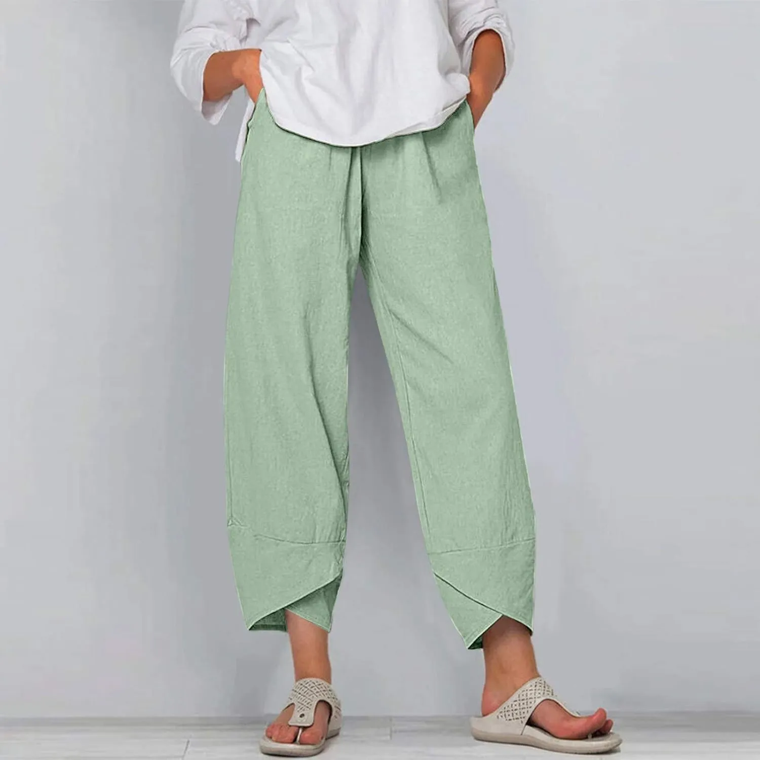 Women's Cotton Linen Casual Pants Summer Elastic High Waist Palazzo Trousers Loose Comfy Beach Trousers Sweatpants