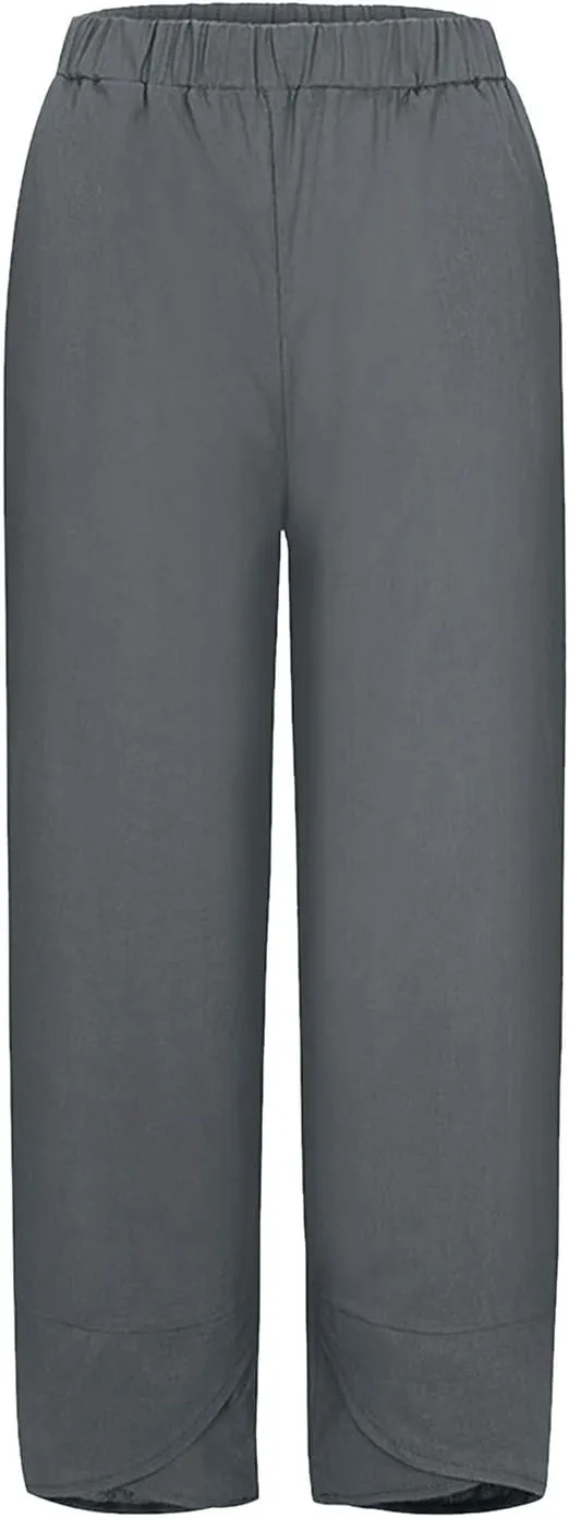 Women's Cotton Linen Casual Pants Summer Elastic High Waist Palazzo Trousers Loose Comfy Beach Trousers Sweatpants
