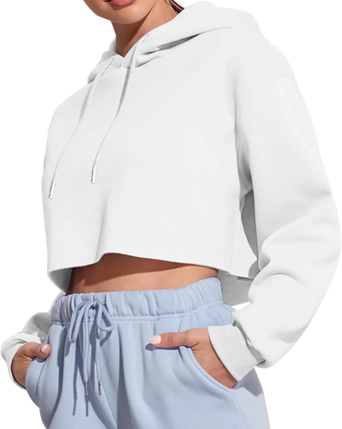 Womens Cropped Hoodie Crop Sweatshirts for Women Casual Workout Pullover Tops Drawstring Top Hooded Sweatshirt Fall