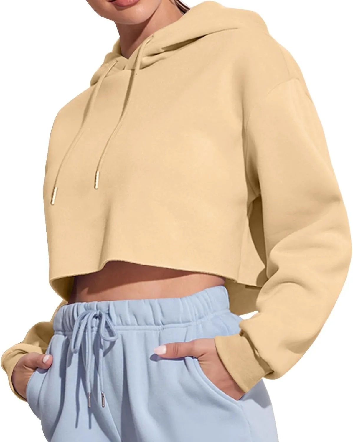 Womens Cropped Hoodie Crop Sweatshirts for Women Casual Workout Pullover Tops Drawstring Top Hooded Sweatshirt Fall